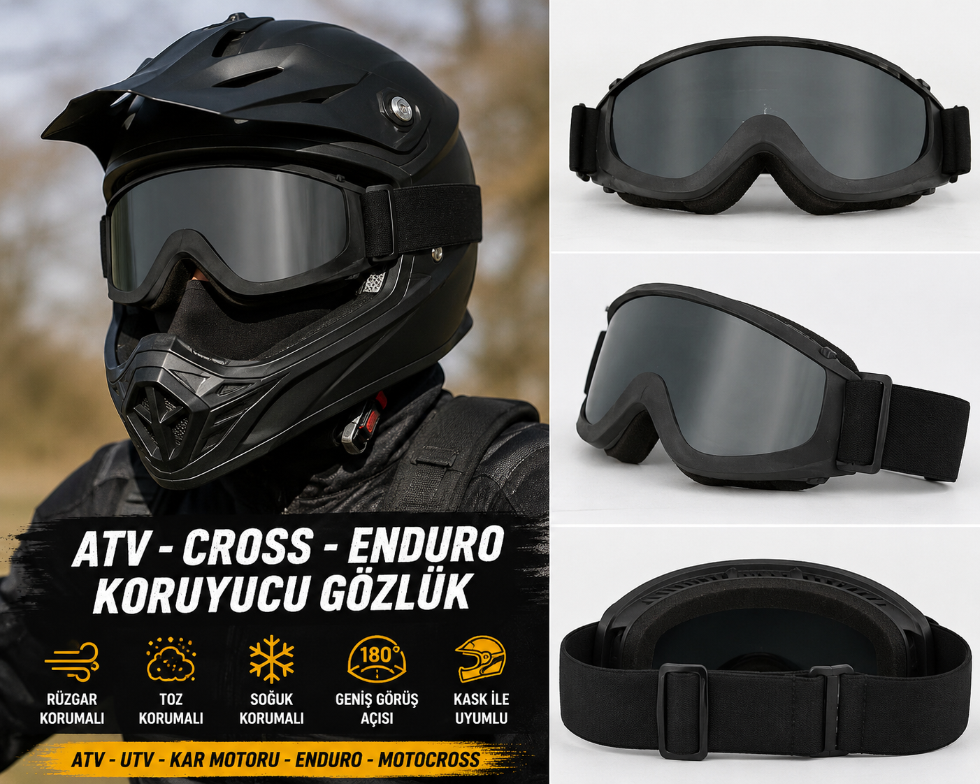 ATV Cross Enduro Rüzgar Korumalı Kar Motosikleti Gözlüğü Siyah