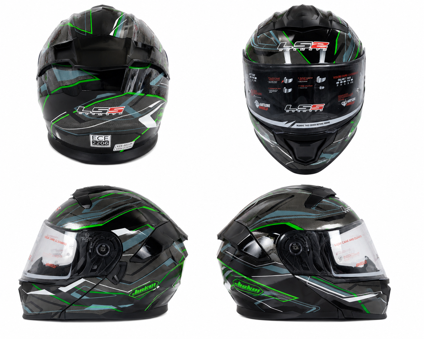 LS5 Full Face Motosiklet Kaskı Siyah-Yeşil – XL – Çift Vizörlü – ECE 2206